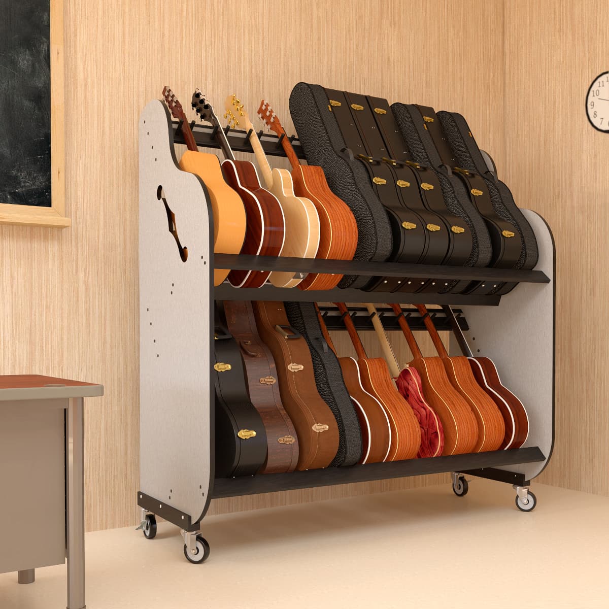 BRDGC Guitar Shelf Rack holding instruments and cases in a classroom, next to a desk