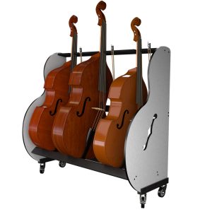 3 double bass instruments resting on a rolling cart