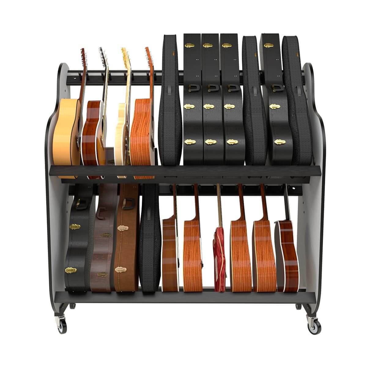 guitar storage cases on shelves