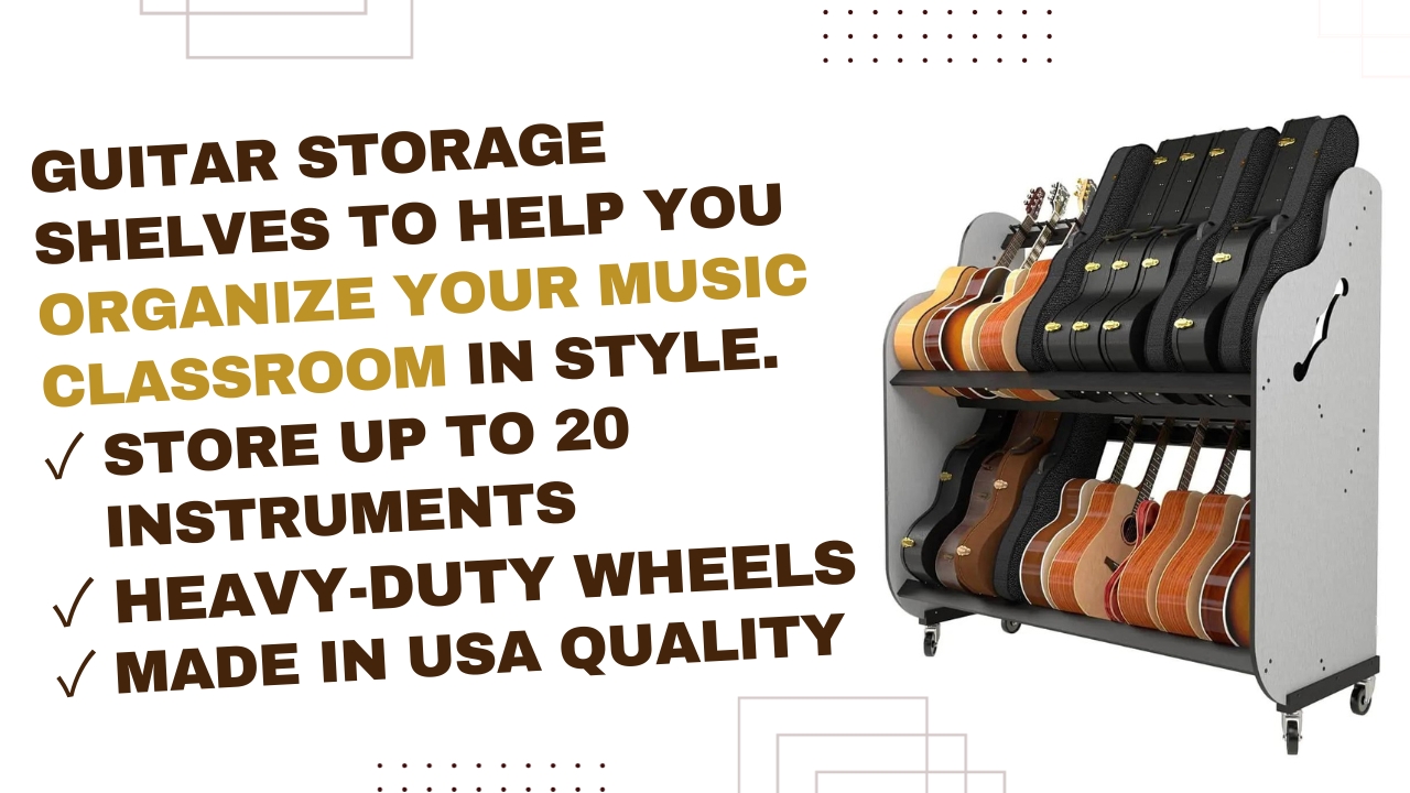 promo for the guitar storage cart, with text to highlight the features