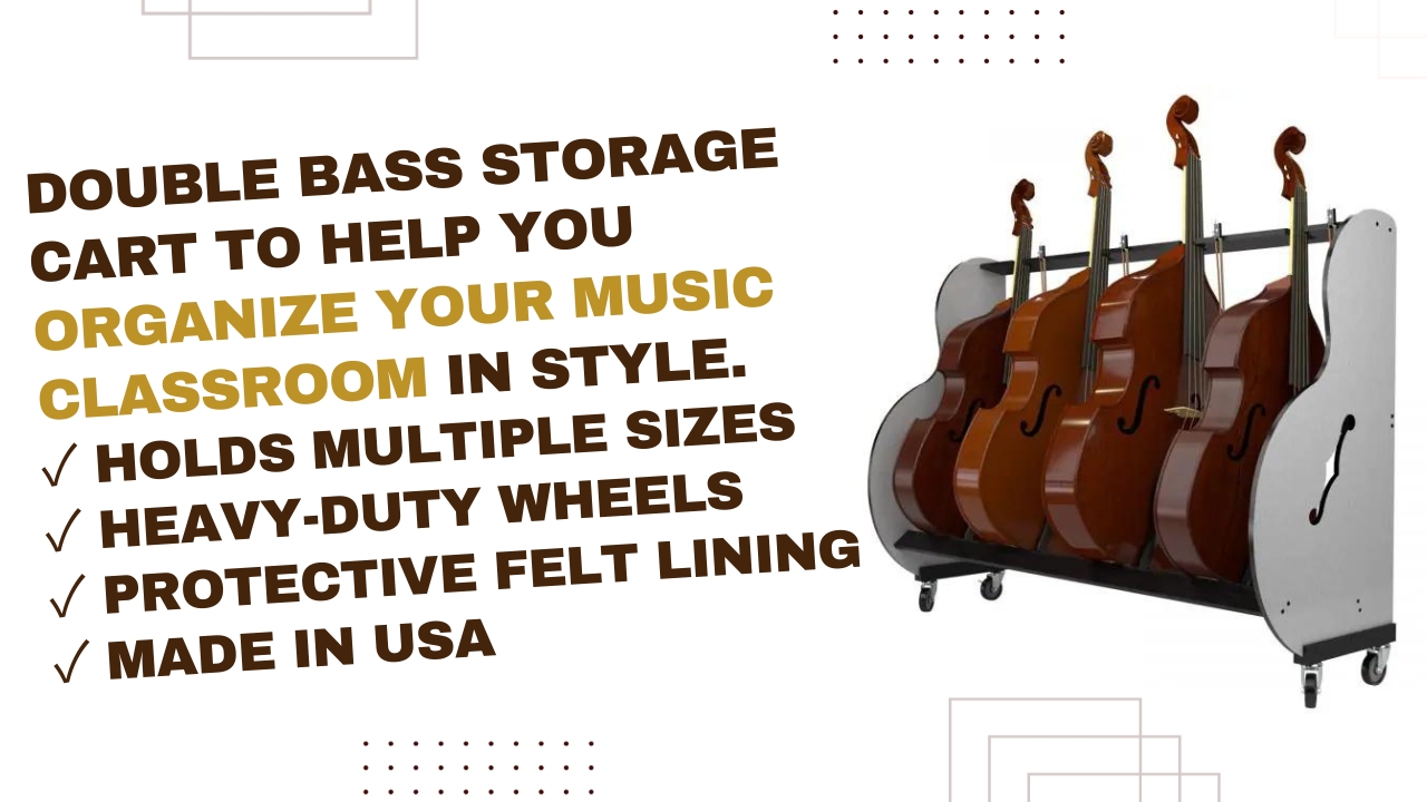 promo for double bass storage cart, with text to highlight the key features