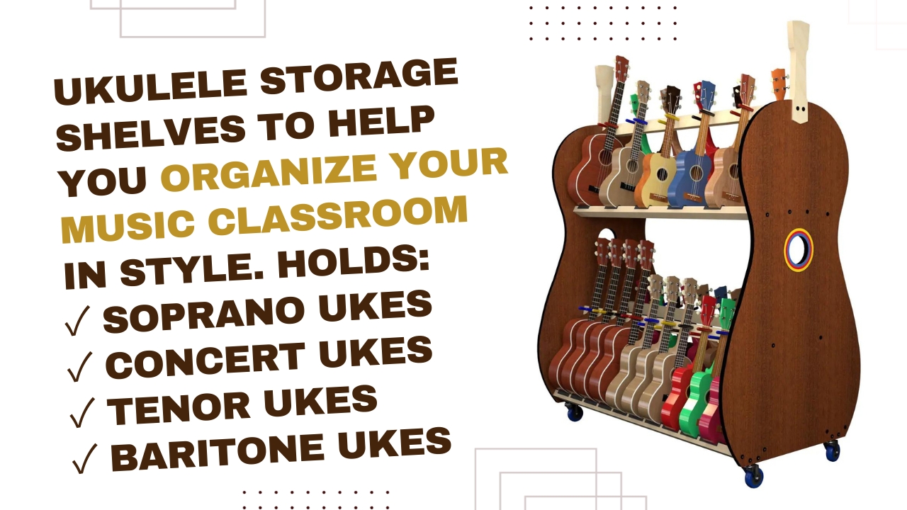 promo for the ukulele storage cart, with text to highlight the features