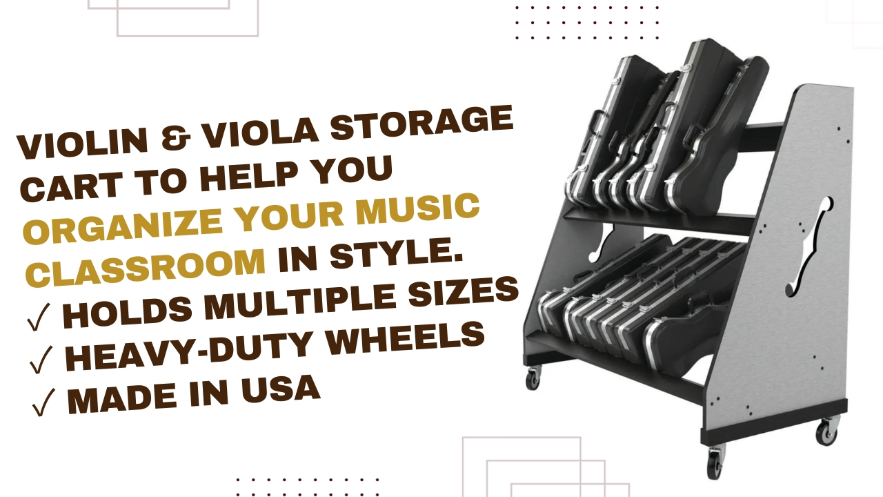 promo for violin storage cart, with text to highlight the key features