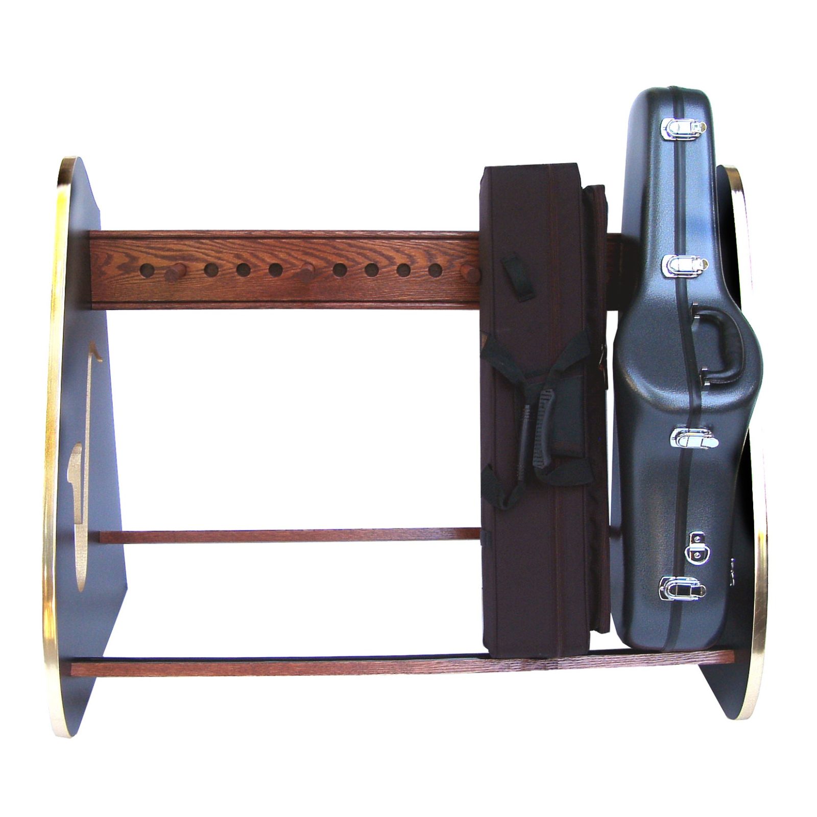 Two saxophone cases on wood stand